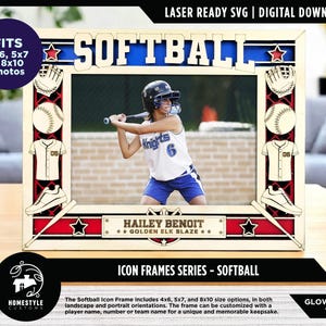 May include: A wooden softball frame with the word "SOFTBALL" in large letters. The frame includes softball-themed icons and a space for a photo. The frame is designed to hold 4x6, 5x7, and 8x10 photos. The frame has the text "HAILEY BENOIT GOLDEN ELK BLAZE".