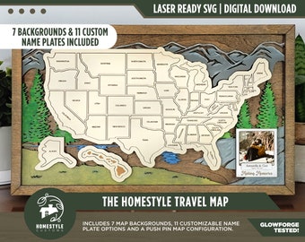 De Homestyle Travel Map - 7 Achtergronden & 11 Aanpasbare Naamplaten - SVG File Download - Formaat voor Glowforge