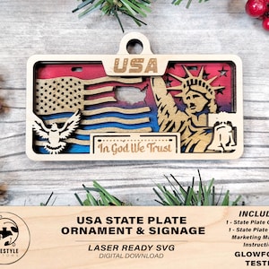 USA State Plate Ornament and Signage - SVG File Download - Sized for Glowforge - Laser Ready Digital Files