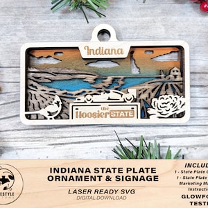 Indiana State Plate Ornament and Signage - SVG File Download - Sized for Glowforge - Laser Ready Digital Files