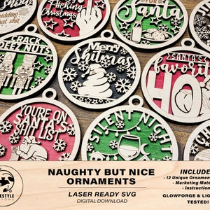 Naughty But Nice Ornaments - 12 Unique Laser Designs - SVG, PDF, AI File Download - Tested On Glowforge and LightBurn