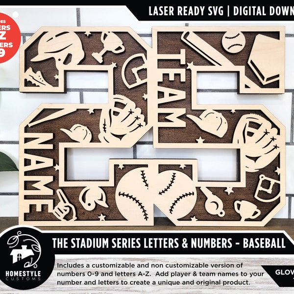 Stadium Series Letters and Numbers - Baseball - Customizable and Non Customizable options included - Tested on Glowforge & Lightburn