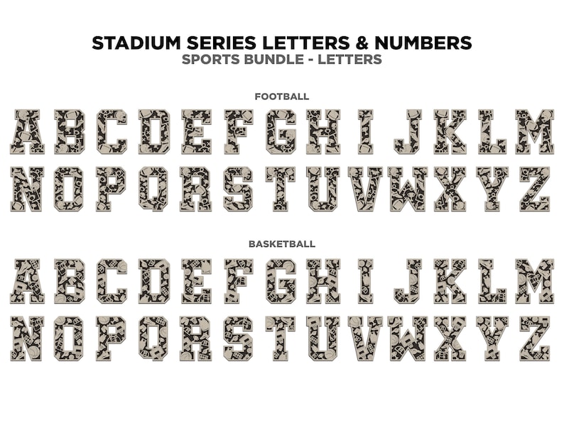 Peut inclure: Lettres de l'alphabet noir et blanc avec un motif d'&eacute;quipements sportifs. Les lettres sont dispos&eacute;es sur deux rang&eacute;es, la rang&eacute;e sup&eacute;rieure &eacute;tant intitul&eacute;e "Football" et la rang&eacute;e inf&eacute;rieure &eacute;tant intitul&eacute;e "Basketball".