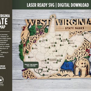 La carte du parc de la Virginie-Occidentale - Options personnalisées et non personnalisables - SVG, téléchargement de fichier PDF - Testé dans Lightburn et Glowforge & Xtool