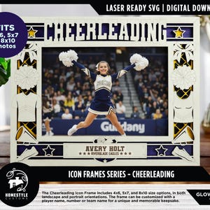 May include: A laser-cut frame with the word "CHEERLEADING" at the top. The frame holds a photo of a cheerleader in a blue and white uniform. The frame includes text that reads "AVERY HOLT" and "RIVERBLADE EAGLES".