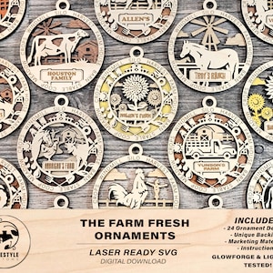 The Farm Fresh Ornaments - 24 Unique designs - SVG, PDF, AI File Download - Sized for Glowforge