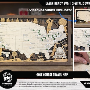May include: A wooden golf course travel map of the United States, laser-cut with a dark brown frame. The map features golf-related illustrations and text that reads "GOLF COURSE TRAVEL MAP". Includes UV backgrounds and is a digital download.