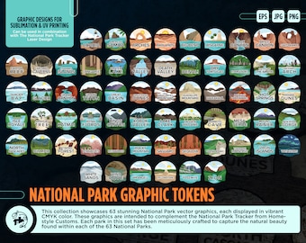 May include: A collection of 63 colourful National Park graphic tokens, each featuring a unique illustration of a different park. The graphics are designed to be used with the National Park Tracker Laser Design.