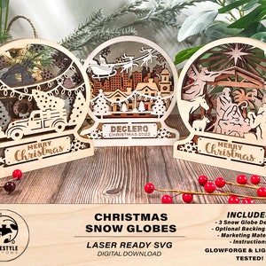 Christmas Snow Globes - 3 Versions Included - Nativity, Santa&#39;s Sleigh, TreeFarm Truck - SVG, PDF, AI File Download - Sized for Glowforge