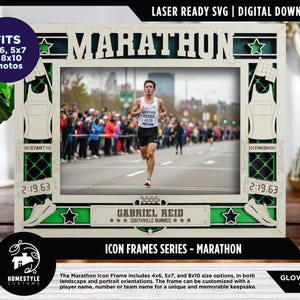 May include: A white and green laser-cut wooden frame for photos, labeled "MARATHON." It features a photo of a runner in a race, with the text "GABRIEL REID" and "SOUTHVILLE BUNNIES." The frame fits 4x6, 5x7, and 8x10 photos.