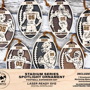 May include: A set of seven laser-cut wooden ornaments featuring a football player in a variety of poses. The ornaments are designed for a 2024 football season and feature the text "DECLERCO" and "PANTHERS". The ornaments are laser-ready SVG files for digital download.