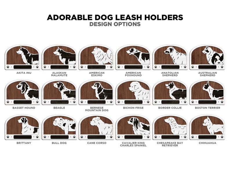 Adorable Dog Leash Holders Pack 1 50 Breeds included SVG, PDF,AI file types Glowforge and Lightburn Tested zdjęcie 6