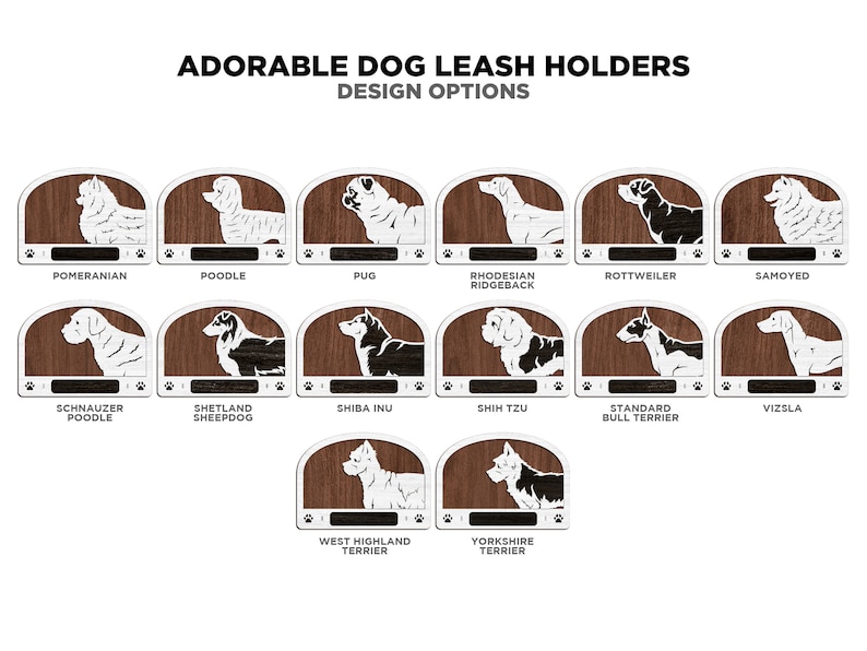 Adorable Dog Leash Holders Pack 1 50 Breeds included SVG, PDF,AI file types Glowforge and Lightburn Tested zdjęcie 8