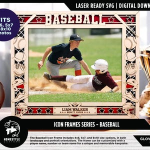 May include: A laser-cut SVG file for a baseball-themed picture frame. The frame features a baseball diamond, bats, gloves, and a baseball helmet. The frame is available in 4x6, 5x7, and 8x10 sizes. The frame can be customized with a player name, number, or team name. "Liam Walker Mighty Ducks" is shown in the frame.