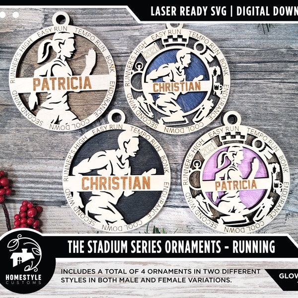 Running - Stadium Series Ornaments - 4 Unique designs - SVG, PDF, AI File Download - Sized for Glowforge