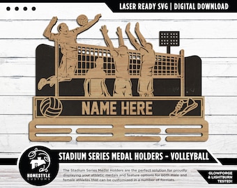 May include: Wooden volleyball medal holder with a laser-cut design featuring volleyball players, a net, and a volleyball. Includes space for a name and medal display. Text reads "STADIUM SERIES MEDAL HOLDERS - VOLLEYBALL".