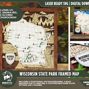 May include: A laser-ready digital file for a Wisconsin state park framed map. The design features a layered wooden map with state park locations, a shield-shaped plaque labeled Wisconsin State Park Travel Map, and detailed forest background art.