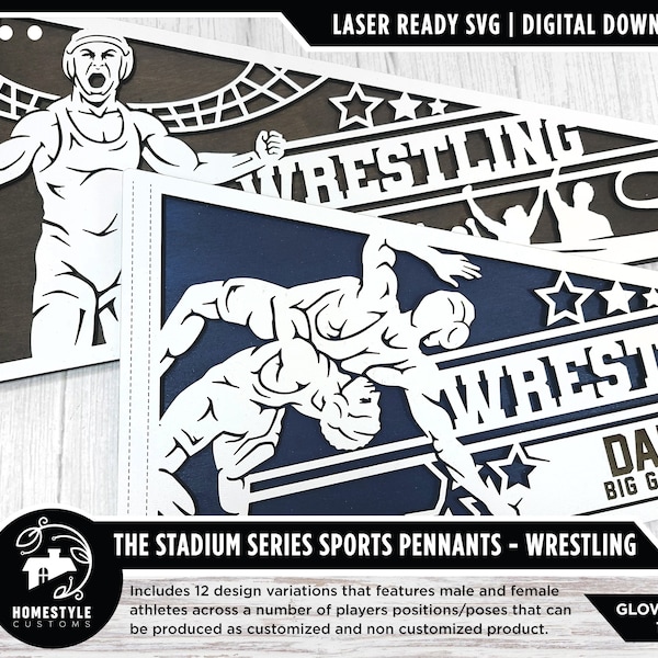 Stadium Series Sports Pennants - Wrestling - 12 Variations Included - Male and Female Options - Tested on Glowforge & Lightburn