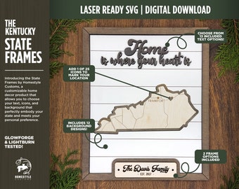 May include: Laser cut wooden state frame featuring the outline of Kentucky with the text "Home is where your heart is" and "The Davis Family Est. 2017" in a brown wooden plaque. The frame includes 13 text options, 12 background designs, and 2 frame options.