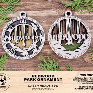 Redwood Park Ornament - Includes 2 Ornaments - Laser Design SVG, PDF, AI File Download - Tested On Glowforge and LightBurn