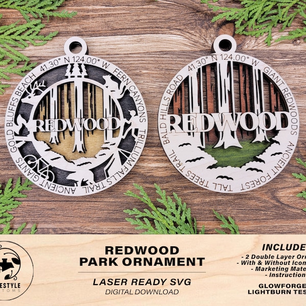 Redwood Park Ornament - Includes 2 Ornaments - Laser Design SVG, PDF, AI File Download - Tested On Glowforge and LightBurn