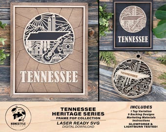 May include: Laser cut SVG design of the state of Tennessee with a guitar, barrels, and the word "Tennessee" in a wood frame. The design is part of a heritage series and is laser ready for crafting projects.