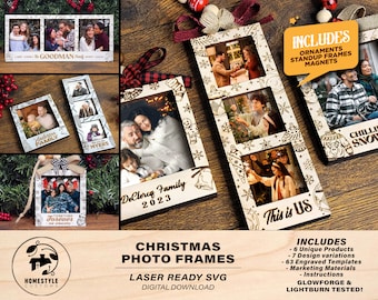 May include: A set of six laser-cut Christmas photo frames with a variety of designs. The frames are made of wood and feature a snowflake pattern. The frames are ready to be personalized with photos and text. The text on the frames includes "Goodman Family", "Anderson Family", "Myers", "Dellercq Family 2023", "This is Us", and "Together Forever".