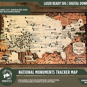 May include: Wooden National Monuments Tracker Map with a dark brown frame. The map features a layered design with the United States outlined, pins marking locations, and the text "NATIONAL MONUMENTS TRACKER MAP". The map includes the text "LASER READY SVG | DIGITAL DOWNLOAD".