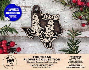 May include: Laser cut SVG design of the state of Texas with bluebonnets, a popular Texas wildflower. The design includes the word "Texas" at the top and is labeled "The Texas Flower Collection".