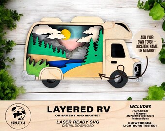 Layered Rv Camper - Ornament and Magnet - SVG, PDF, AI File Download - Works with all Laser Types