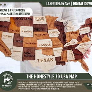 The Homestyle 3D USA Karte - 3 Gravuren, 7 Größen mit 2 Übergrößen-Optionen für kleine Laser - SVG Datei Download - Glowforge & Lightburn Getestet