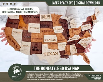The Homestyle 3D USA Map -  3 Engrave, 7 Sizes with 2 Oversize Options for Small Lasers - SVG File Download - Glowforge & Lightburn Tested