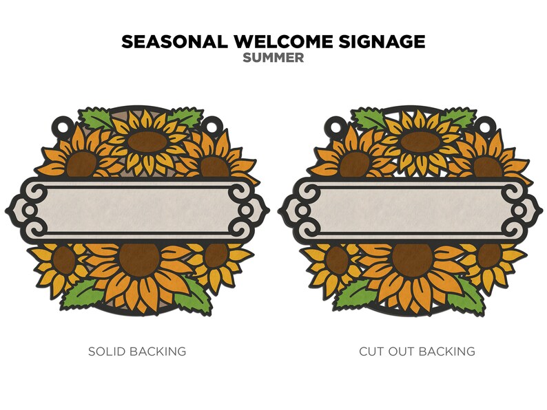 May include: Two welcome signs featuring a sunflower design. The sign on the left has a solid backing, while the sign on the right has a cut-out backing. Both signs have a blank space for text.