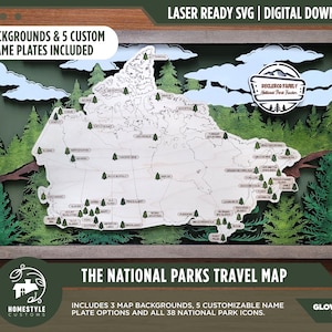 Die kanadische Nationalparks-Reisekarte - 3 Hintergründe & 5 anpassbare Namensschilder - SVG, PDF, AI-Dateien - Lightburn und Glowforge getestet