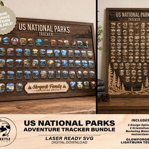 May include: A wooden US National Parks tracker board featuring rows of small, colorful park emblems and a central plaque engraved with the text Shryack Family Adventure Awaits. The board includes the title US National Parks Tracker at the top.