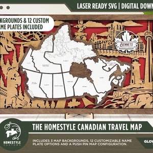 The Homestyle kanadische Reisekarte - 3 Hintergründe & 12 anpassbare Namensschilder - SVG-Datei Download - Größe für Glowforge