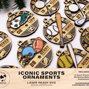 Iconic Sports Ornaments  - Includes 13 Popular Sports - SVG, PDF, AI Files - Works on all Lasers