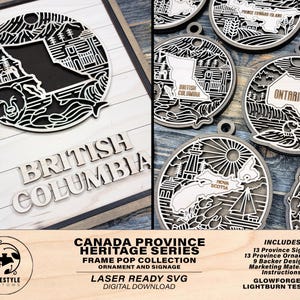 Puede incluir: Diseños SVG cortados con láser para las 13 provincias canadienses. Cada diseño presenta un mapa de la provincia con una ilustración única. Los diseños son perfectos para crear adornos, letreros u otras manualidades.