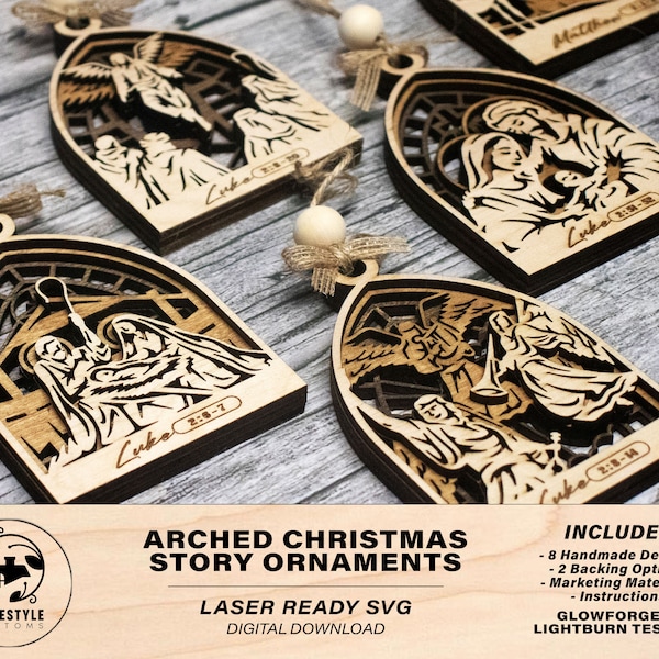 Décorations Histoire de Noël de The Arch - 8 motifs d'ornements uniques - 3 couches - Testé sur Glowforge et Lightburn