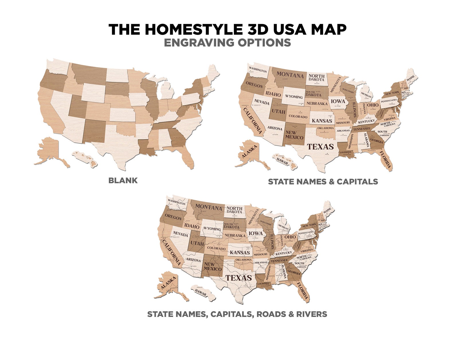 The Homestyle 3D USA Map - 3 Engrave, 7 Sizes With 2 Oversize Options ...