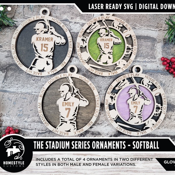 Softball - Ornements de la série Stadium - 4 modèles uniques - Téléchargement de fichier SVG, PDF, AI - Dimensionné pour Glowforge