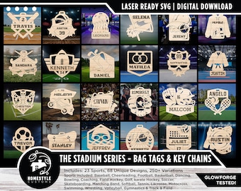 May include: A collection of 24 laser-cut wooden ornaments featuring various sports themes. Each ornament includes a name and a sport-related design, such as a football, basketball, or a cheerleader. The ornaments are labeled "The Stadium Series - Bag Tags & Key Chains".