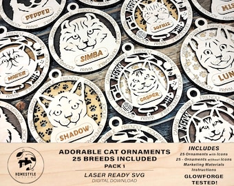 Adorable Cat Ornaments - 25 Breeds included with 2 Versions - 50 Ornaments - SVG, PDF, AI File Download - Sized for Glowforge