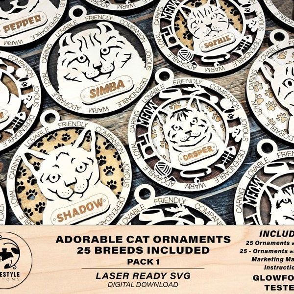 Adorable Cat Ornaments - 25 Breeds included with 2 Versions - 50 Ornaments - SVG, PDF, AI File Download - Sized for Glowforge