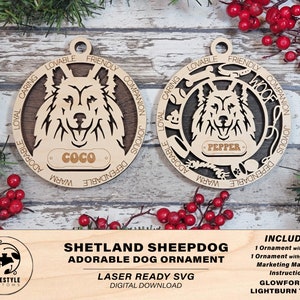 Shetland Sheepdog - Adorable Dog Ornaments - 2 Ornaments included - SVG, PDF, AI File Download - Sized for Glowforge