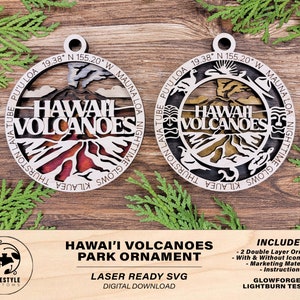 Hawaii Volcanoes Park Ornament - Includes 2 Ornaments - Laser Design SVG, PDF, AI File Download - Tested On Glowforge and LightBurn