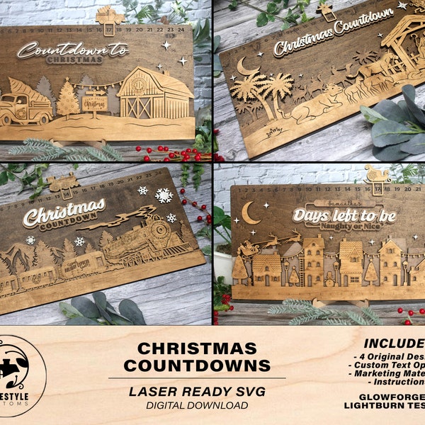 Christmas Countdowns  - 4 Main Themes - 10 text options - Laser Designs - Tested on Glowforge & Lightburn