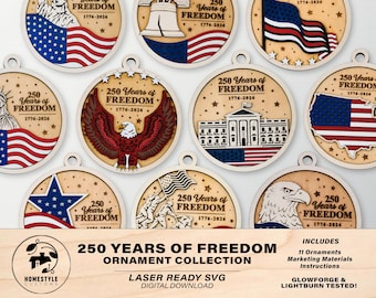 Adornos de 250 años de libertad - 11 diseños de adornos América 250 - Descarga de archivos SVG, PDF, AI - Compatible con todo tipo de láseres