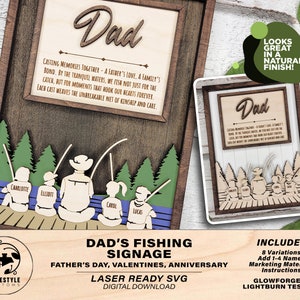 Dad&#39;s Fishing Signage - 1-4 Names - 8 variations of &#39;Dad&#39; - Tested on Glowforge, Xtool & Lightburn
