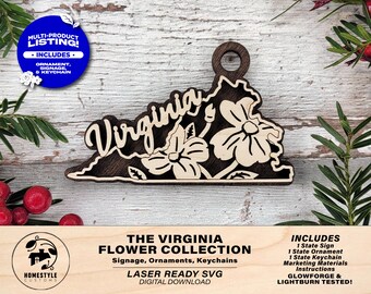 May include: Laser cut SVG design of the state of Virginia with flowers and the word "Virginia" in a script font. The design is available as a digital download and includes files for an ornament, signage, and keychain. The design is laser ready and tested for Glowforge and Lightburn.